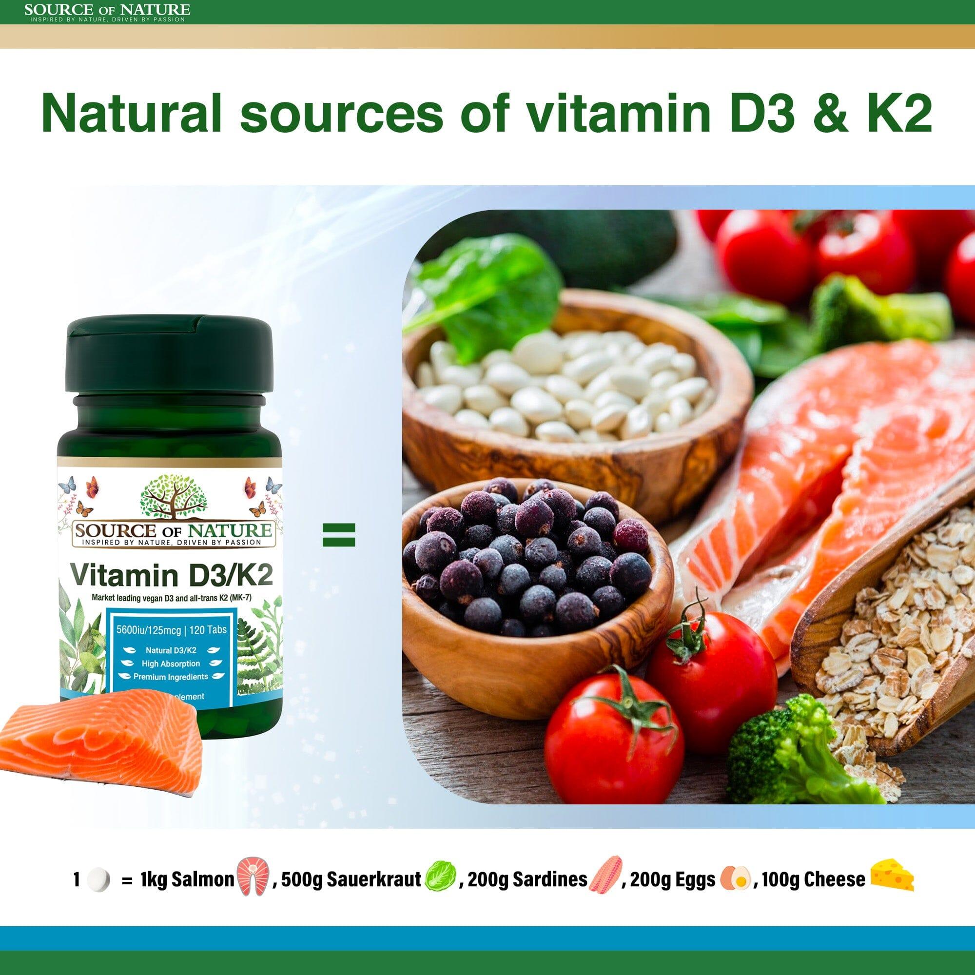 Vitamina D3 + K2 | 5500iu D3 + 125mcg K2 | 120 Compresse | Fornitura per 2 anni Source of Nature